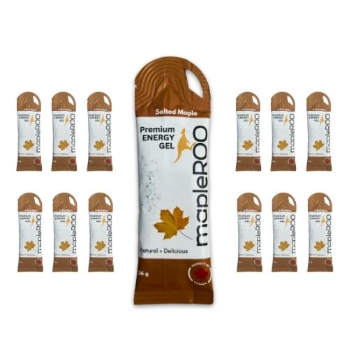 Here is salted maple mapleROO Energy gel for running made with pure maple syrup and salt for electrolytes and clear carbs.