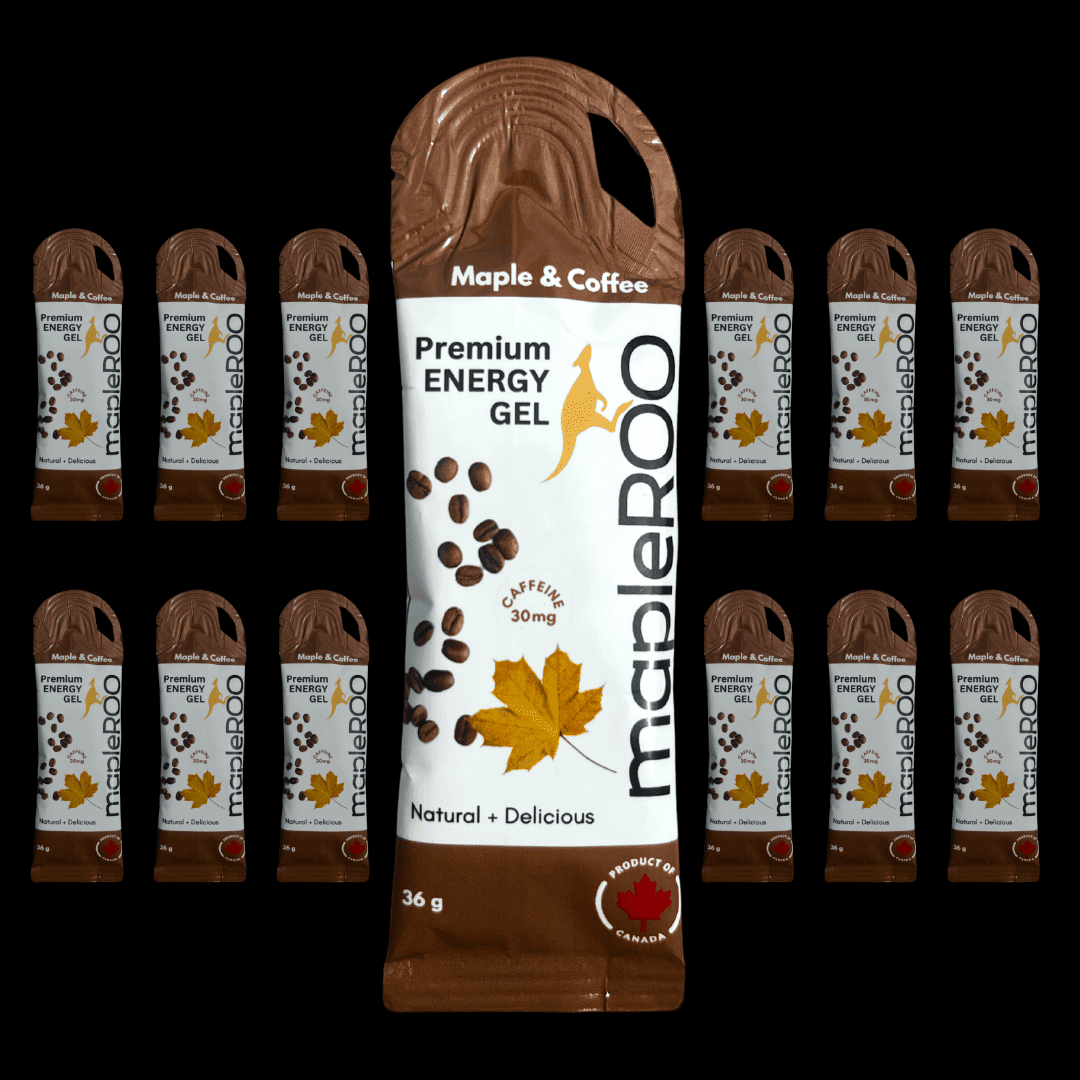 mapleROO Maple syrup and Coffee with electrolytes you need to fuel your training, runs and races that is easy to digest and taste great. mapleROO gels are made with natural and certified organic.