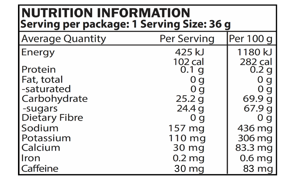 Nutrition information tab of mapleROO Maple Syrup & Coffee Energy Gels - all natural ingredients to give clear energy during sports and intense activities.