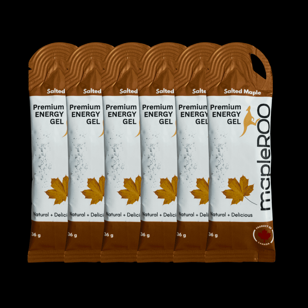 mapleROO 6-pack of energy gels made with pure maple syrup, salt and caffeine for running and cycling that give you the boost of energy and electrolytes you need during your trainings and races.