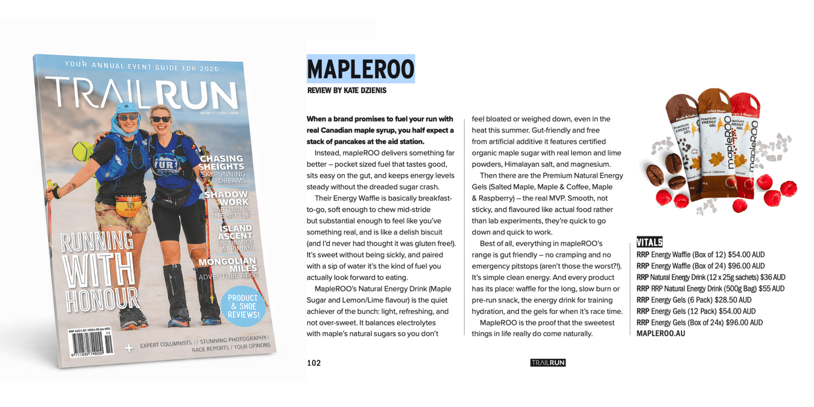 Trail magazine review on mapleROO maple syrup energy sport nutrition