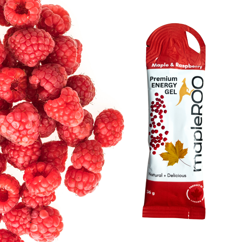 mapleROO energy gel made with pure maple syrup, salt and raspberry for running and cycling that give you the boost of energy and electrolytes you need during your trainings and races.