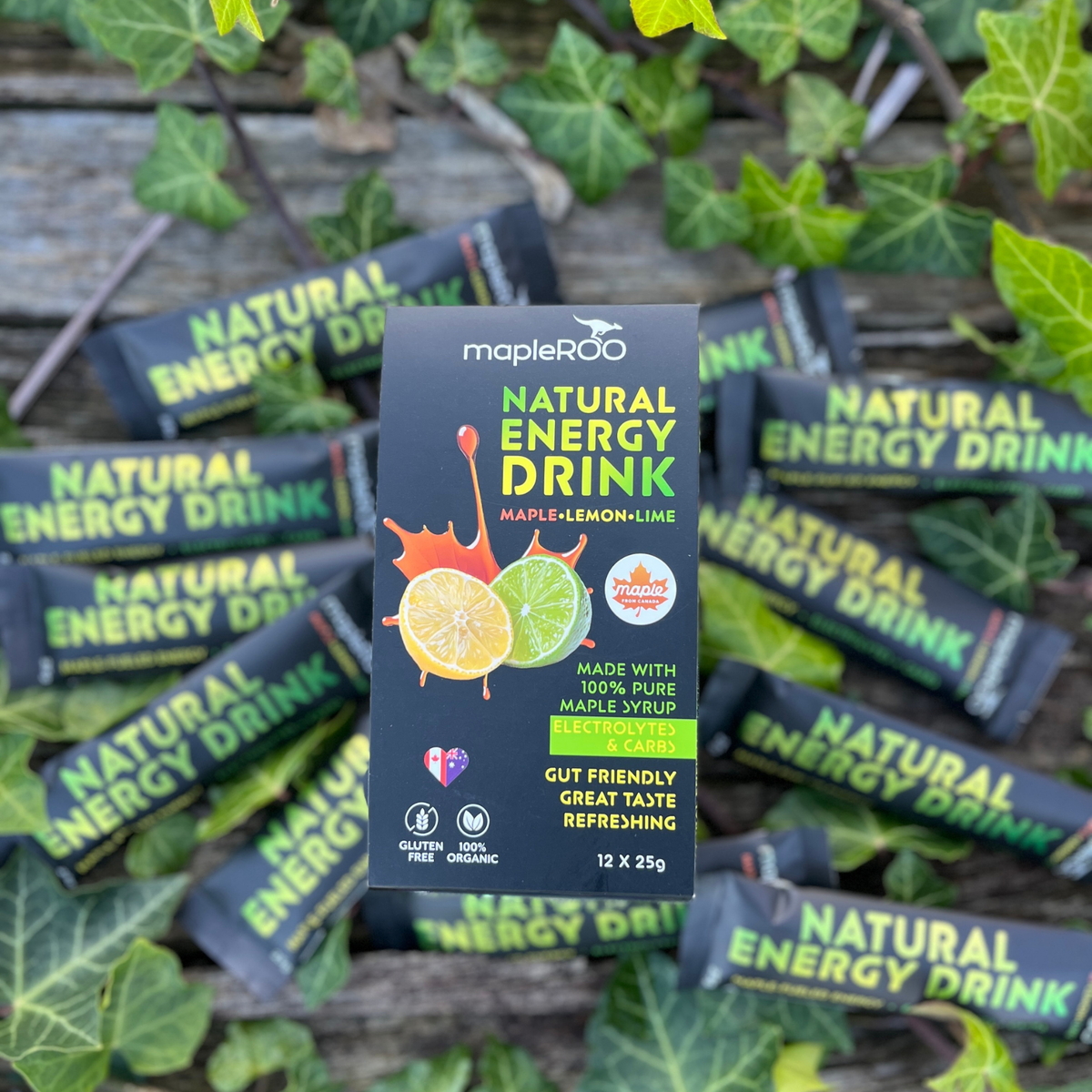 MapleROO natural energy drink package with green leaves in the background