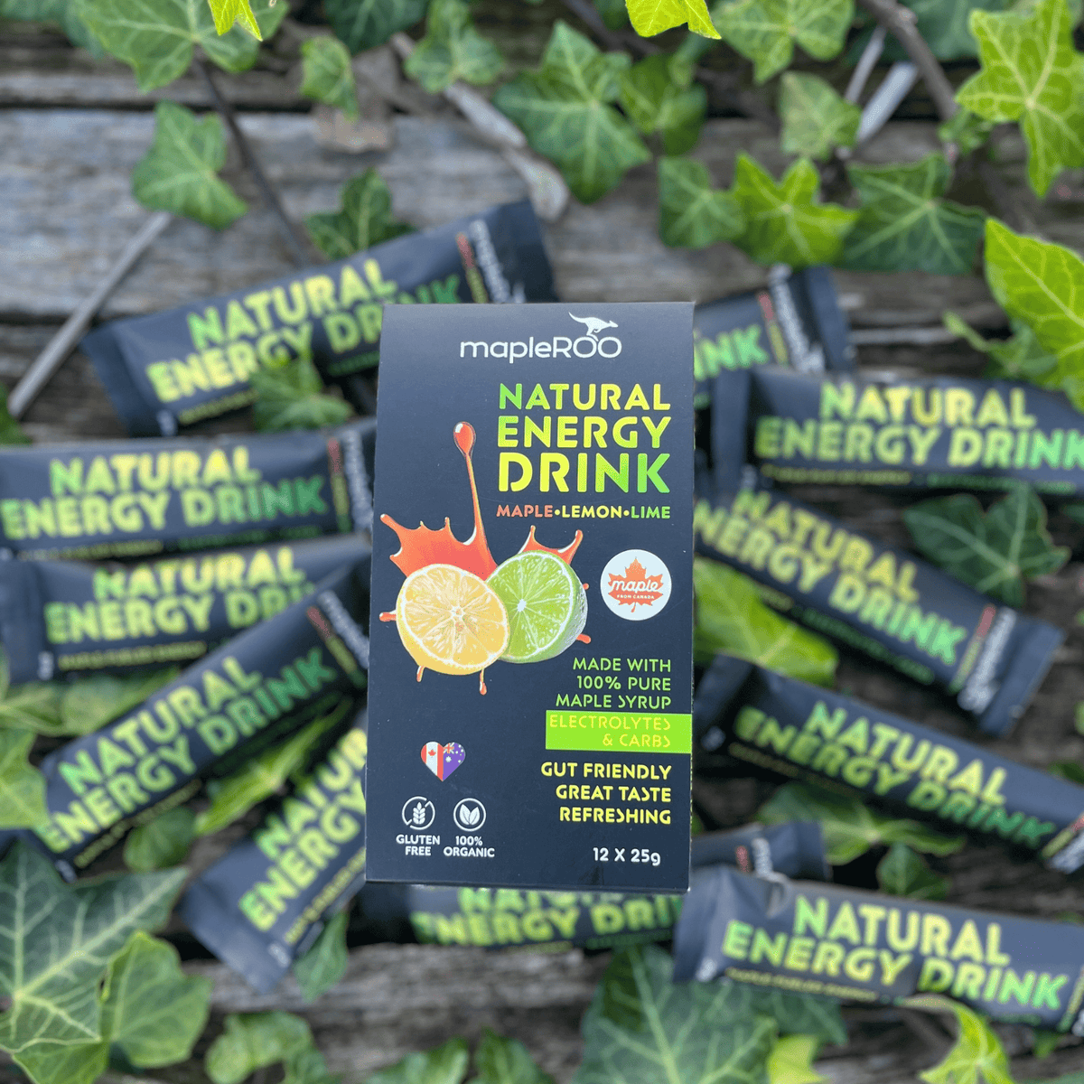 Individual sachet of mapleROO Natural Drink Mix made with pure Canadian Maple Syrup and Lemon-Lime flavour and Electrolytes for hydration. Designed for athletes, runners and cyclists. 