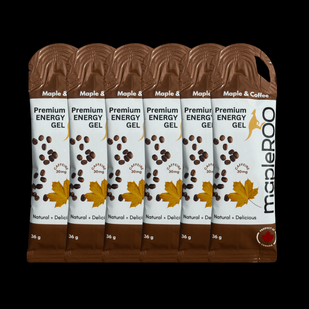 mapleROO  6-pack of energy gels made with pure maple syrup, salt and caffeine for running and cycling that give you the boost of energy and electrolytes you need during your trainings and races.