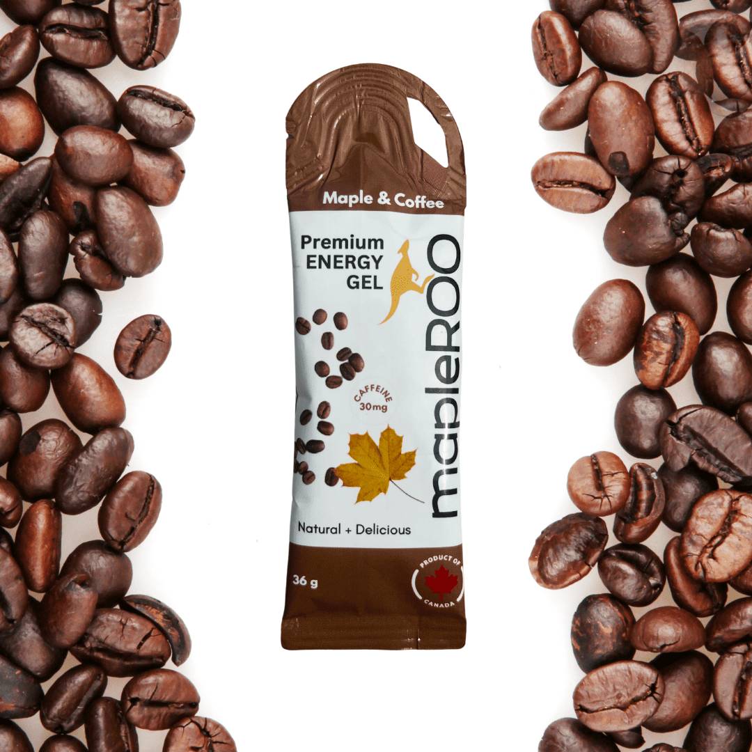 mapleROO energy gel made with pure maple syrup, salt and caffeine for running and cycling that give you the boost of energy and electrolytes you need during your trainings and races.