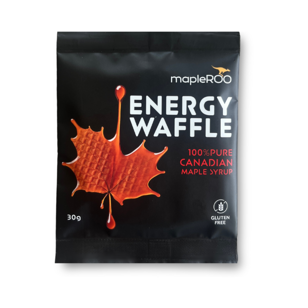 MapleROO Energy Waffle package with a maple leaf design on a white background