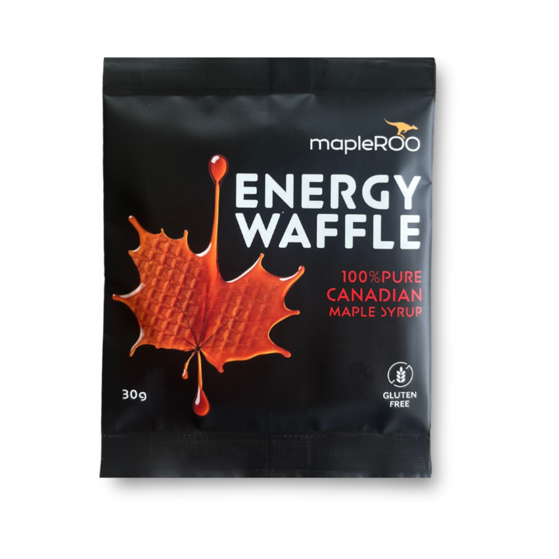 MapleROO Energy Waffle package with a maple leaf design on a white background