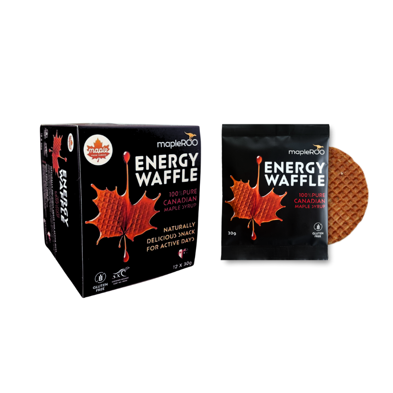 mapleROO energy waffle made with organic ingredients, gluten-free, maple syrup flavour perfect snack before a run or during in active day.