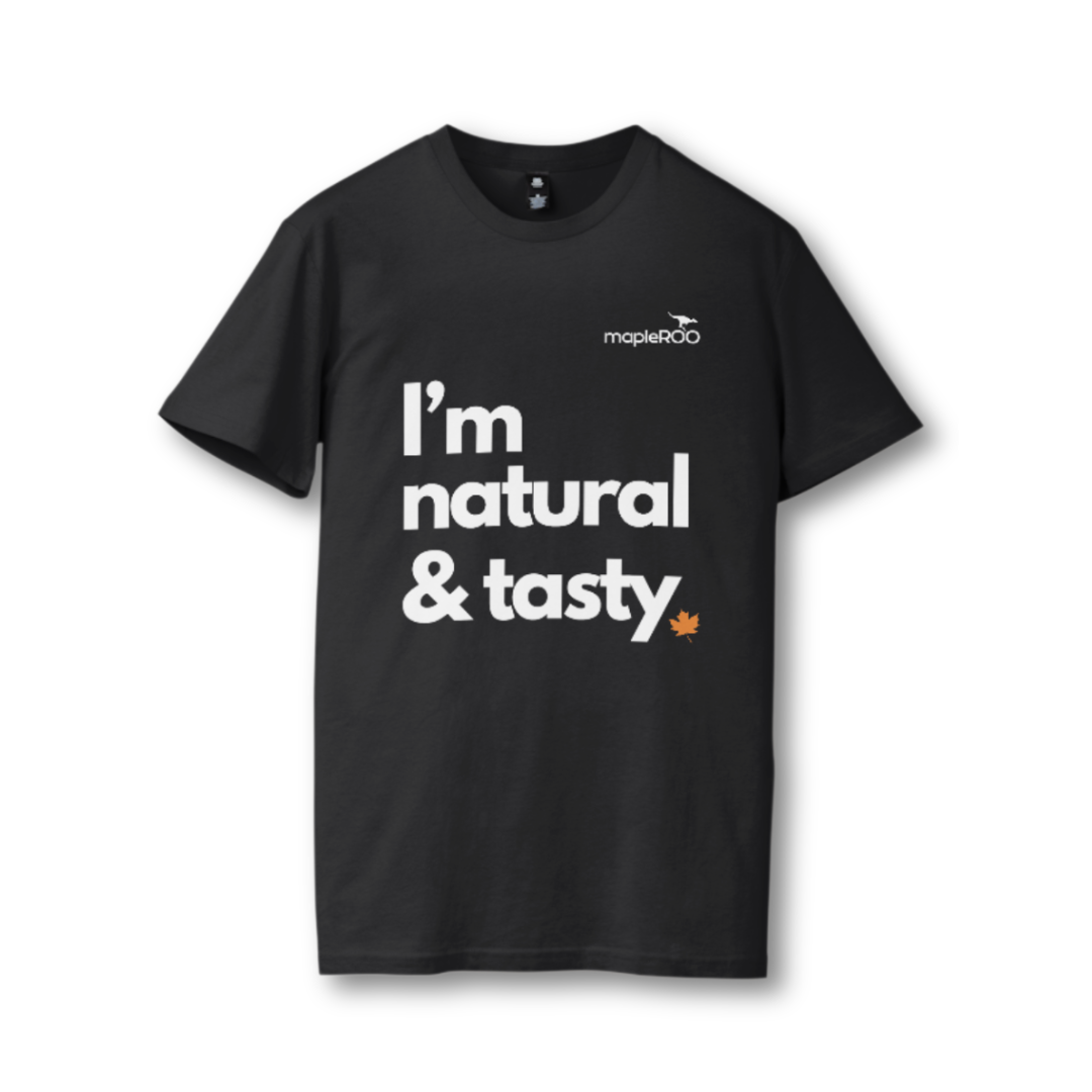 Black t-shirt with 'I'm natural & tasty' and mapleROO logo 