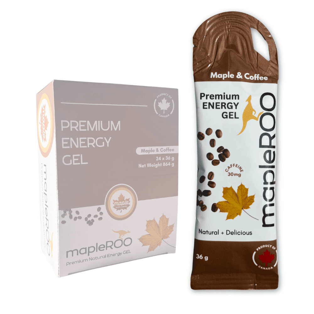 Maple Coffee Energy gels made with organic Canadian Maple Syrup and salt for more electrolytes in a display box of 24 gels. Easy to digest energy gel that taste great to fuel your running trainings and races with a kick of caffeine.
