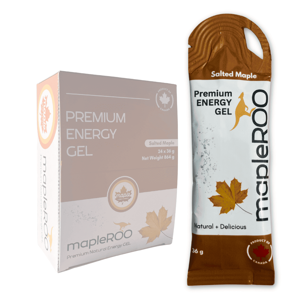 Salted maple Energy gels made with organic Canadian Maple Syrup and salt for more electrolytes in a display box of 24 gels. Easy to digest energy gel that taste great to fuel your running trainings and races.