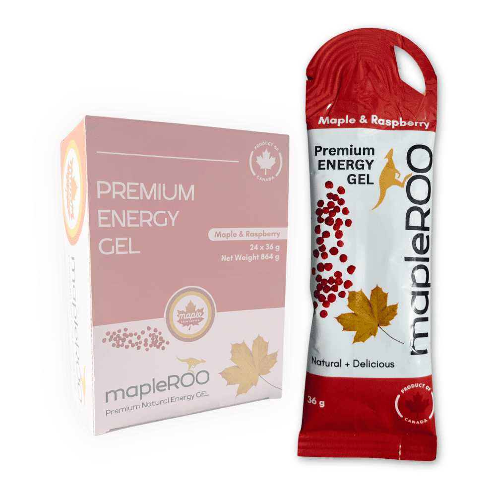 Maple Raspberry Energy gels made with organic Canadian Maple Syrup and salt for more electrolytes in a display box of 24 gels. Easy to digest energy gel that taste great to fuel your running trainings and races with a taste of fresh fruit.
