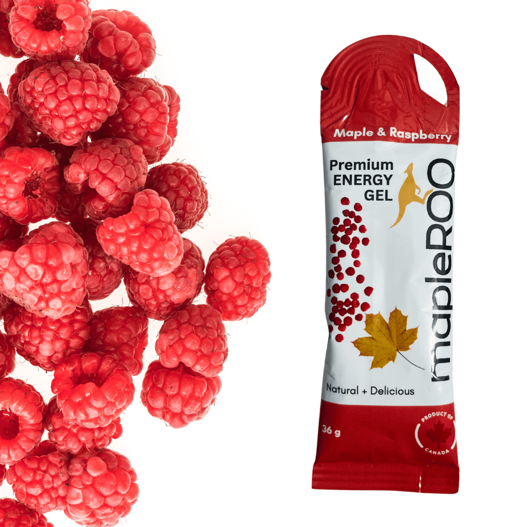 mapleROO energy gel made with pure maple syrup, salt and raspberry for running and cycling that give you the boost of energy and electrolytes you need during your trainings and races.