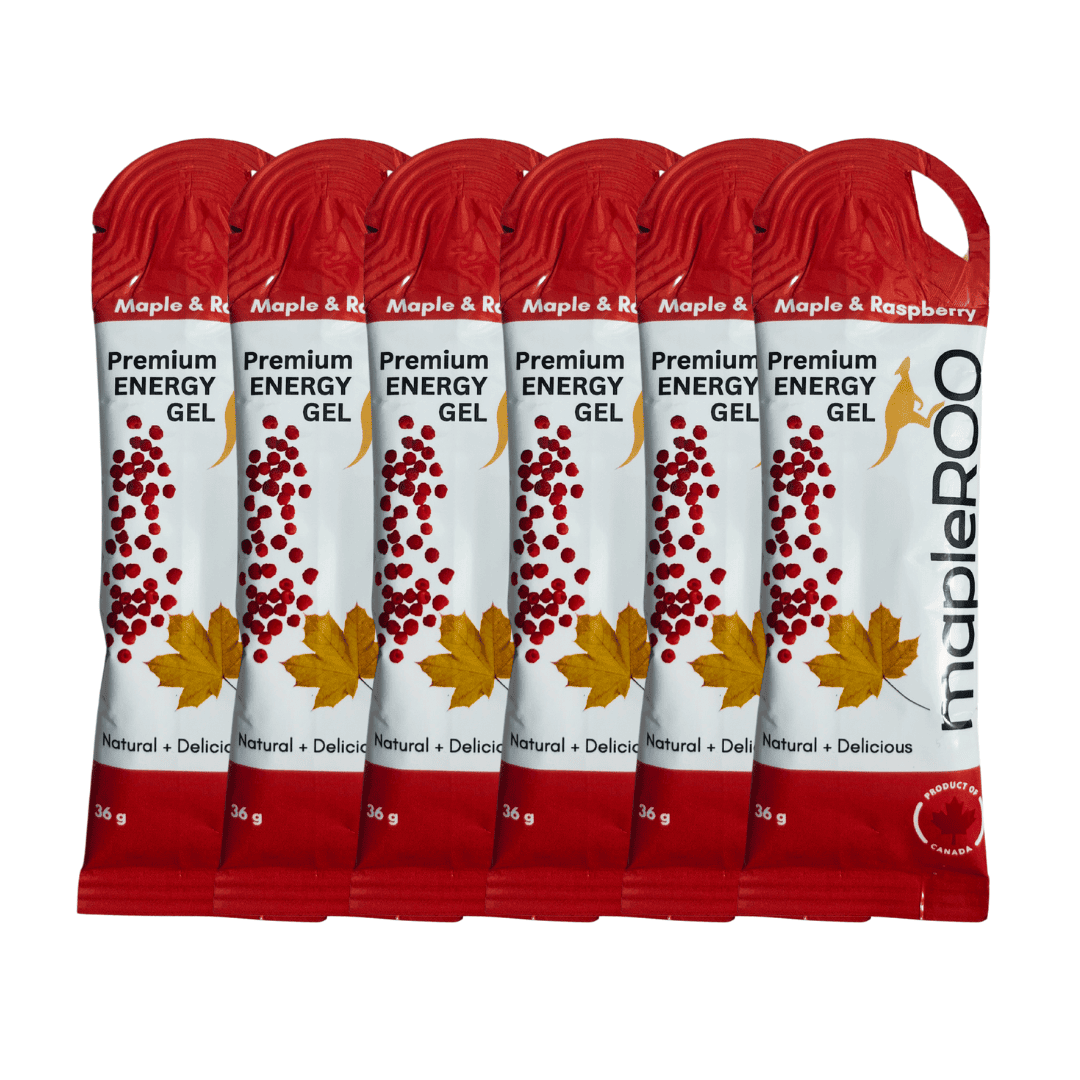 mapleROO  6-pack of energy gels made with pure maple syrup, salt and raspberry for running and cycling that give you the boost of energy and electrolytes you need during your trainings and races.