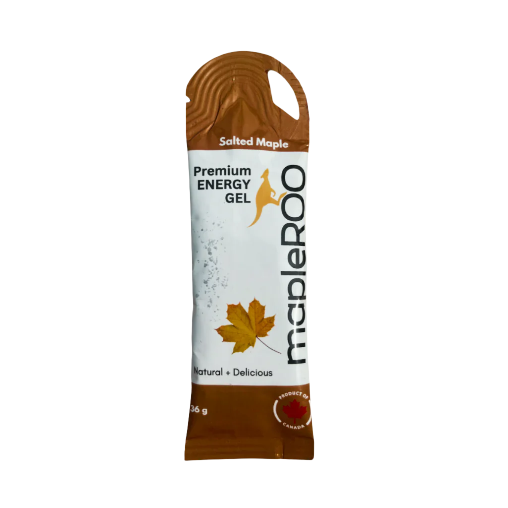 Salted Maple Running Gels from mapleROO and Electrolytes added to fuel muscles and easy to digest. Gut friendly
