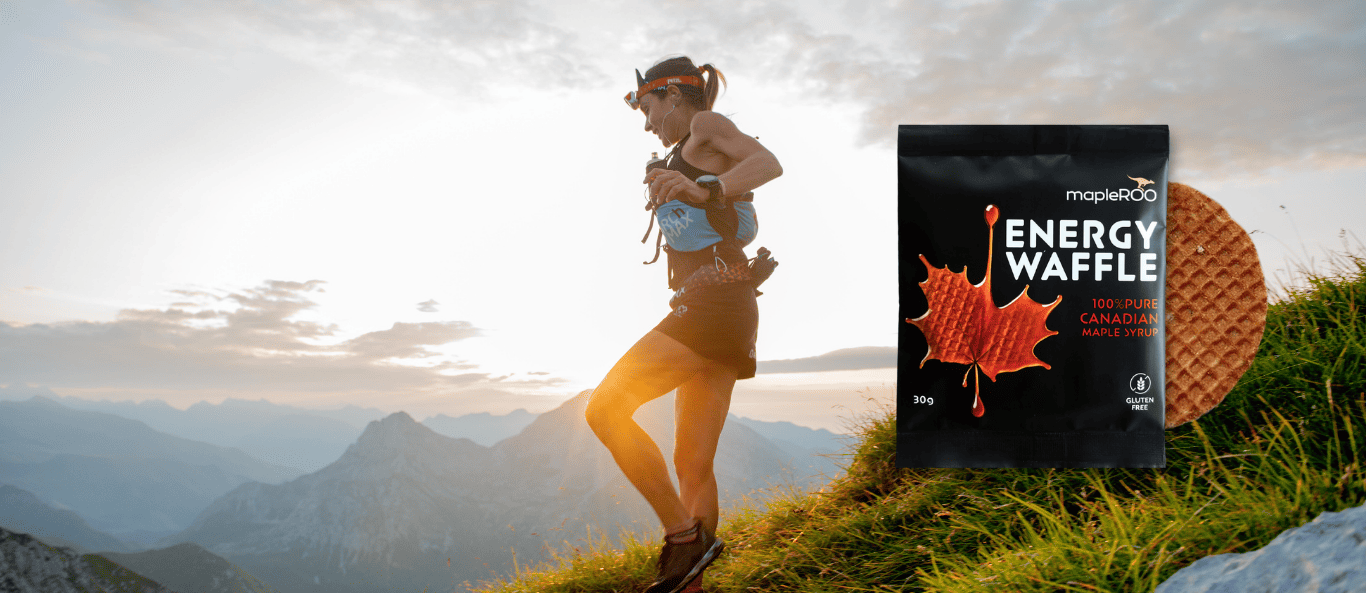 Utlra runner on an adventure fuels her race wild with mapleROO Energy waffle, gluten free, made with organic ingredients.