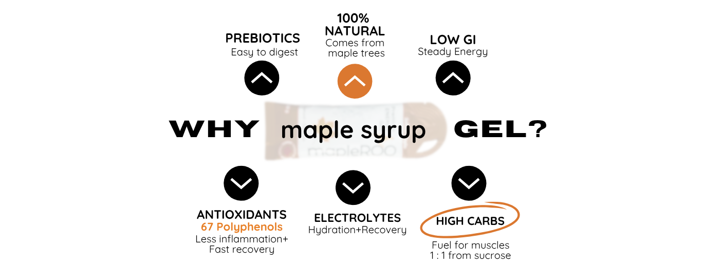 Why maple syrup gel? Because it's 100% natural, it comes from maple trees and there're many nutrients like natural prebiotics for an easy digestion, antioxidants (67 polyphenols) electrolytes (hydration and recovery) and it's high in carbs.