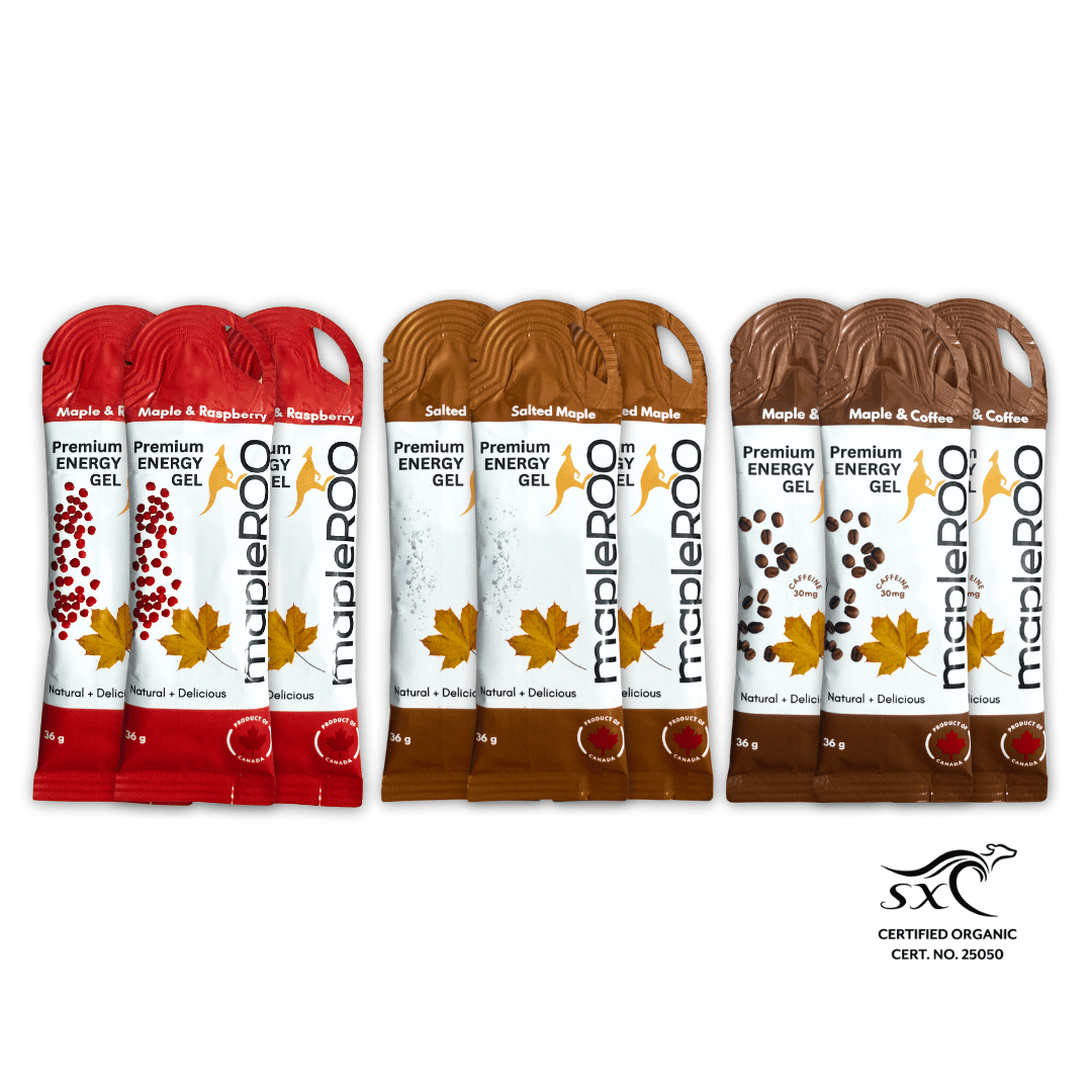 Try mapleROO discovery pack of 9 Energy gels made with Pure Canadian maple Syrup and organic ingredients , easy to digest because they are natural.