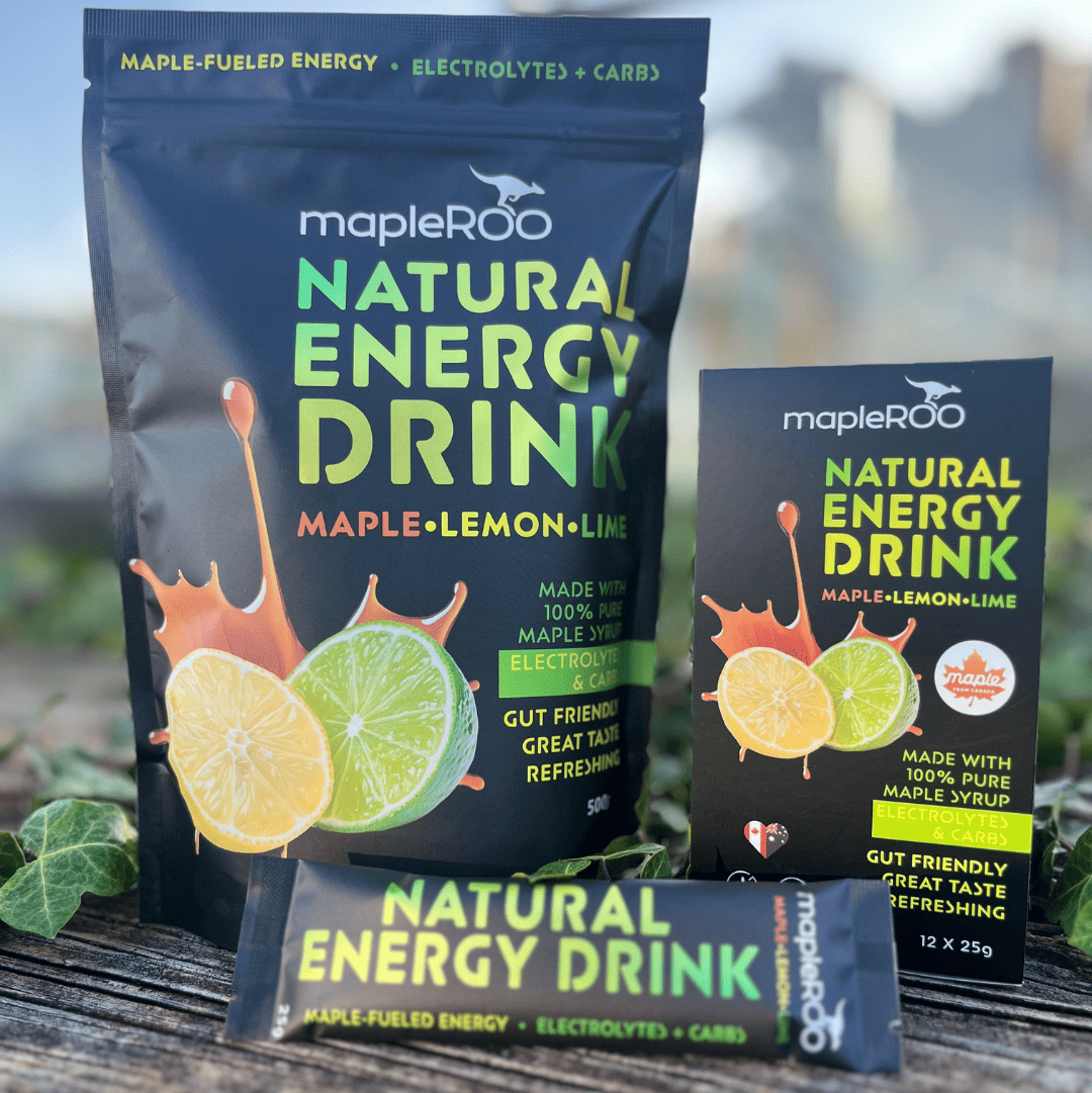 mapleROO Natural Energy Drink is made with pure Canadian maple syrup and packed with Electrolytes to stay hydrated and fuel the muscles during intense sports like running and biking and comes is different sizes like individuel sachet and bag of 500g.