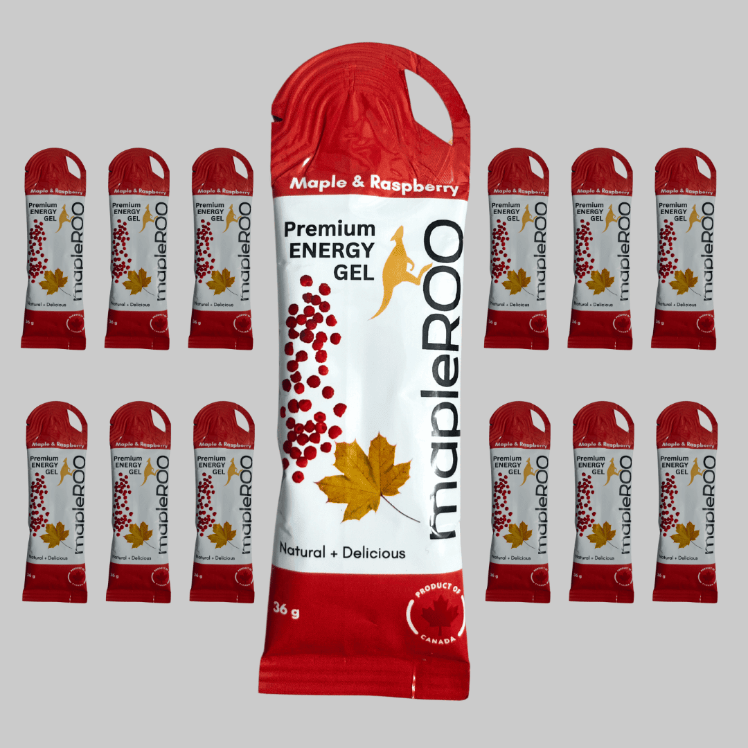 mapleROO Maple syrup and Raspberry Energy gels with electrolytes you need to fuel your training, runs and races that is easy to digest and taste great. mapleROO gels are made with natural and certified organic.