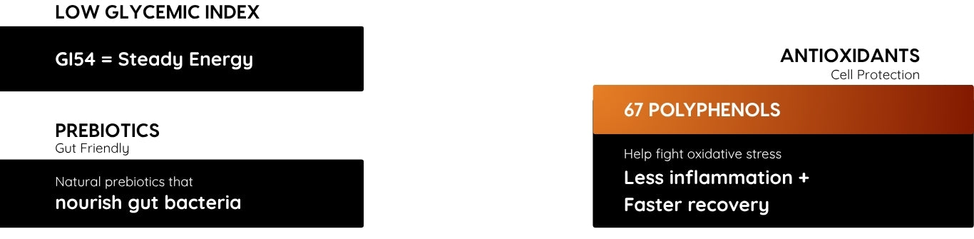 Nutritional benefits of mapleROO products based on maple syrup that has low glycemic index, antioxidants like polyphenols, natural prebiotics that nourish gut bacteria.